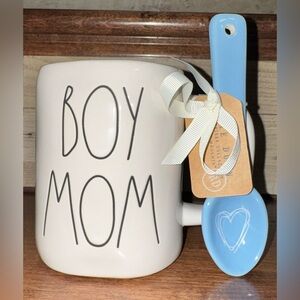 🥰 Rae Dunn BOY MOM Coffee Mug & Spoon Set, 18 Oz Ceramic Tea Cup, Gift for her